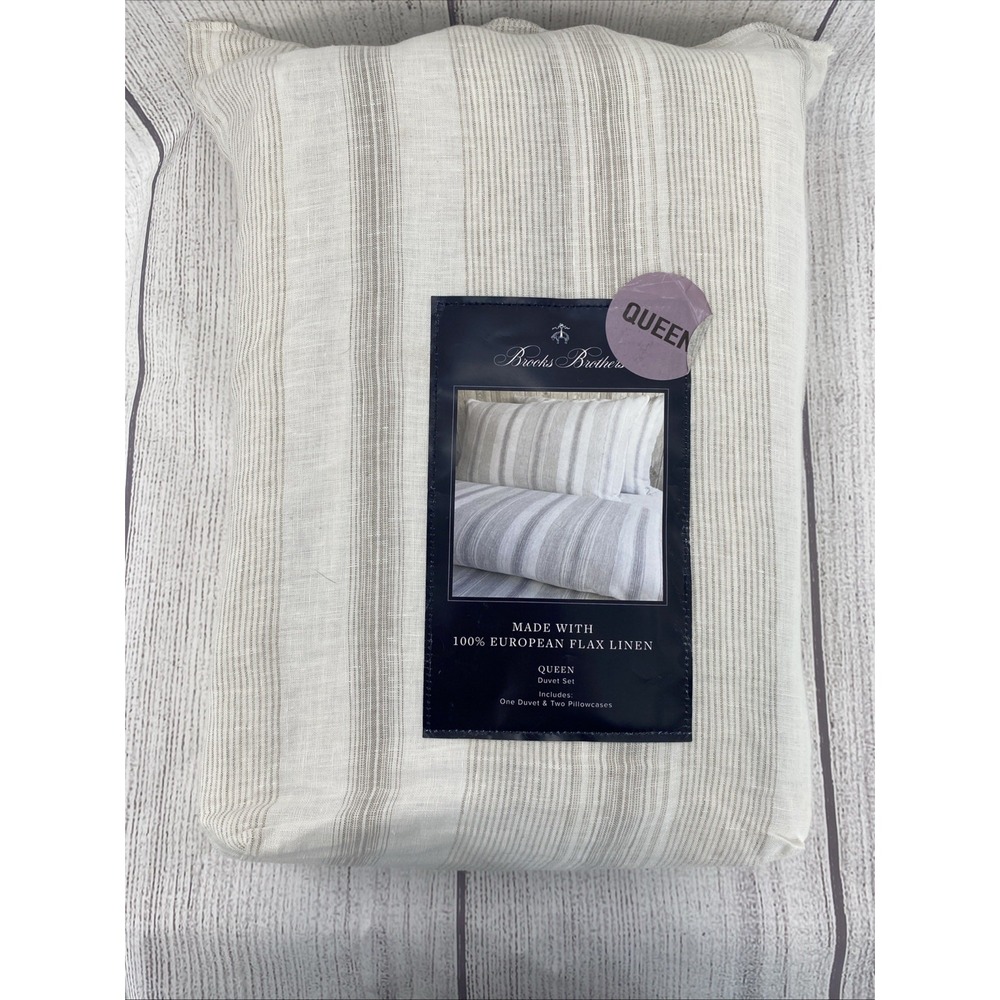 Brooks Brothers Duvet Set QUEEN Cream Beige Stripe 100% European Flax Linen - Picture 8 of 14